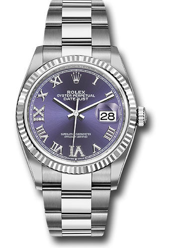 Rolex Stainless Steel Steel Datejust 36 Aubergine Purple Diamond Roman VI & IX Oyster