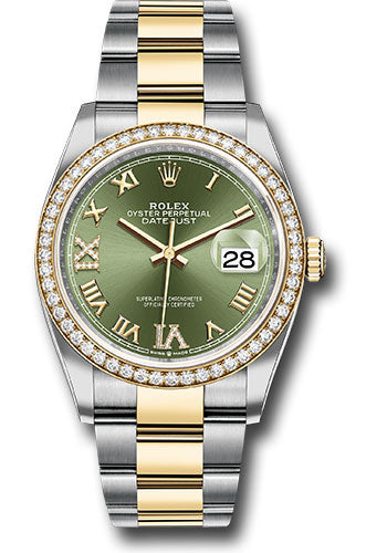 Rolex Steel & Yellow Gold Datejust 36 Green Diamond Roman VI & IX Diamond Bezel Oyster