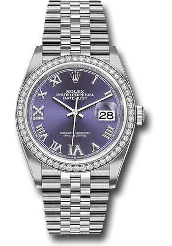 Rolex Steel  & White Gold Datejust 36 Aubergine Purple Diamond Roman VI & IX Jubilee Diamond Bezel
