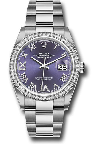 Rolex Steel & White Gold Datejust 36 Aubergine Purple Diamond Roman VI & IX Oyster Diamond Bezel