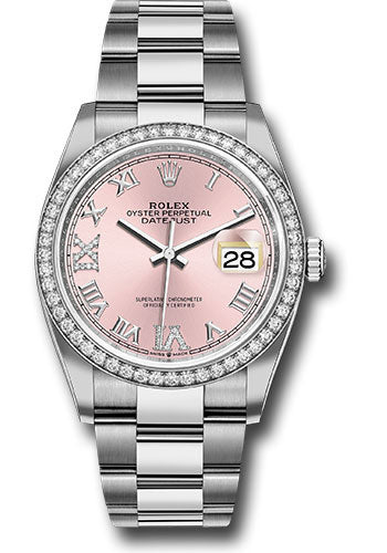 Rolex Steel & White Gold Datejust 36 Pink Diamond Roman VI & IX Oyster Diamond Bezel