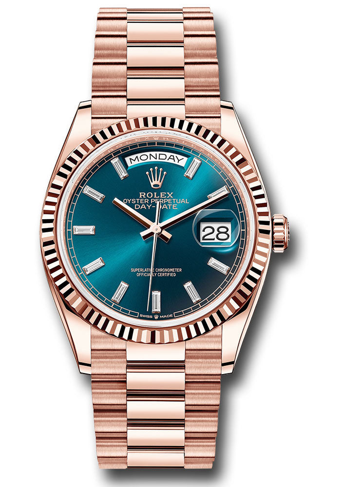 Rolex 18K Rose Gold Day-Date 36 Blue-Green Baguette Diamond