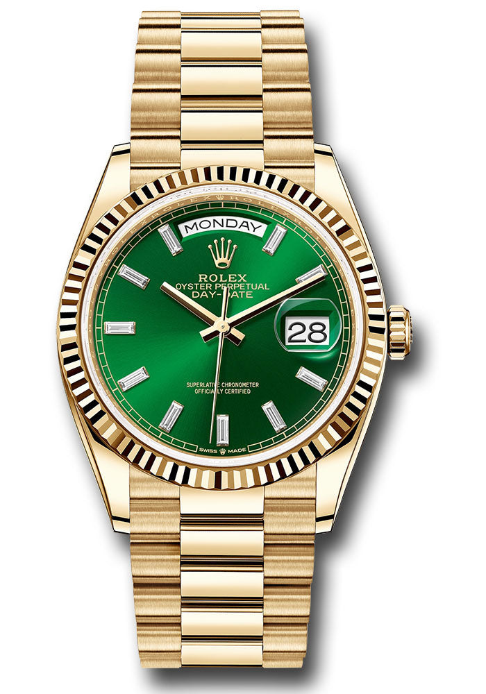 Rolex 18K Yellow Gold Day-Date 36 Green Baguette Diamond