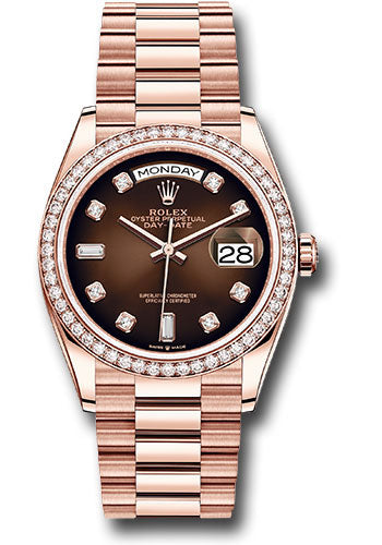 Rolex 18K Rose Gold Day-Date 36 Brown Ombre Baguette Diamond Dial Diamond Bezel