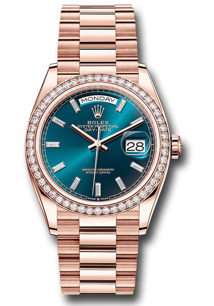 Rolex 18K Rose Gold Day-Date 36 Blue-Green Baguette Diamond Dial Diamond Bezel