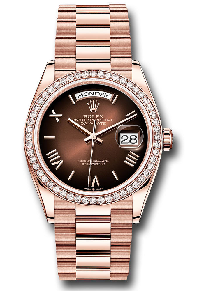 Rolex 18K Rose Gold Day-Date 36 Brown Ombre Roman Diamond Bezel