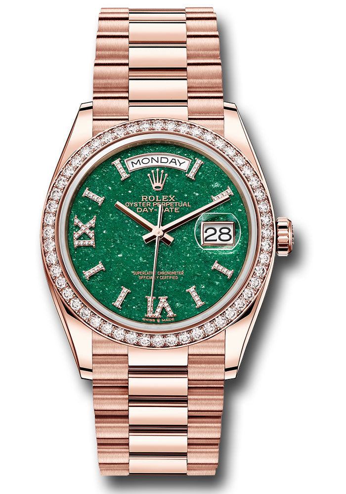 Rolex 18K Rose Gold Day-Date 36 Green Aventurine Diamond Bezel