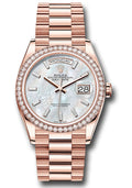 Rolex 18K Rose Gold Day-Date 36 Mother Of Pearl Baguette Diamond Dial Diamond Bezel