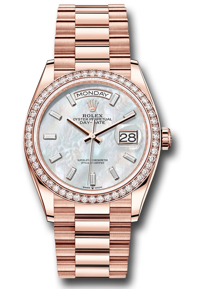 Rolex 18K Rose Gold Day-Date 36 Mother Of Pearl Baguette Diamond Dial Diamond Bezel