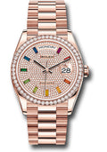 Rolex 18K Rose Gold Day-Date 36 Pave Diamond Rainbow Sapphirel Diamond Bezel