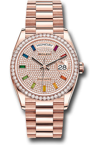 Rolex 18K Rose Gold Day-Date 36 Pave Diamond Rainbow Sapphirel Diamond Bezel