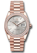 Rolex 18K Rose Gold Day-Date 36 Silver Baguette Diamond Dial Diamond Bezel