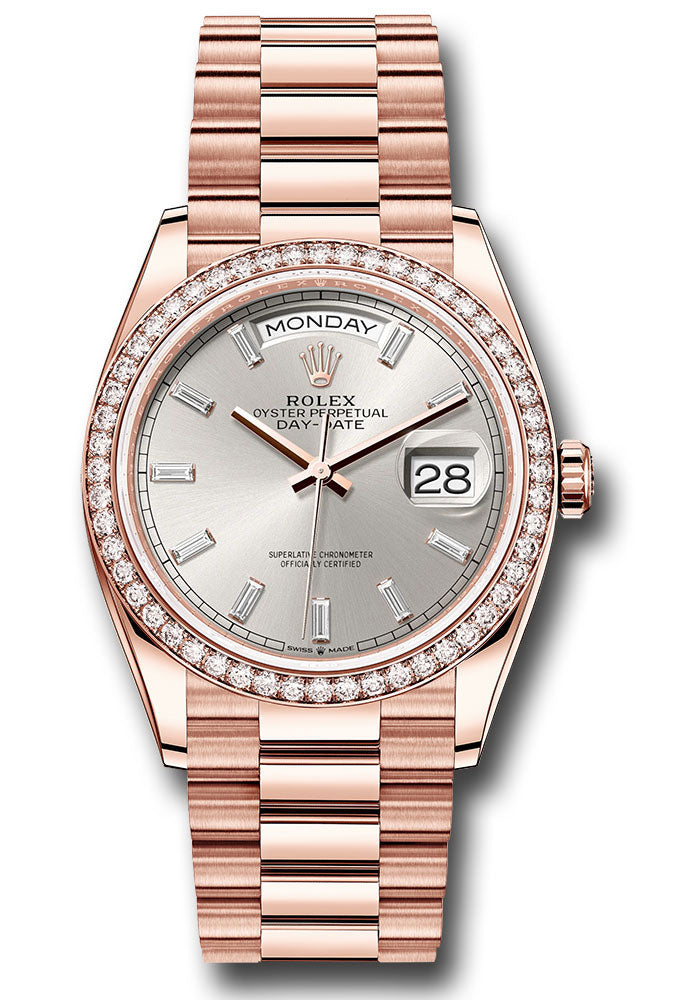 Rolex 18K Rose Gold Day-Date 36 Silver Baguette Diamond Dial Diamond Bezel