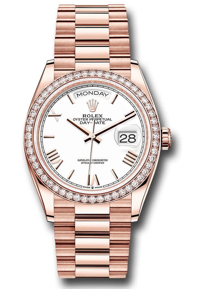 Rolex 18K Rose Gold Day-Date 36 White Roman Diamond Bezel