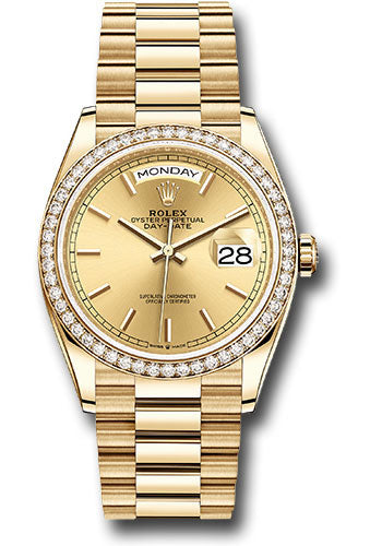 Rolex 18K Yellow Gold Day-Date 36 Champagne Index Diamond Bezel
