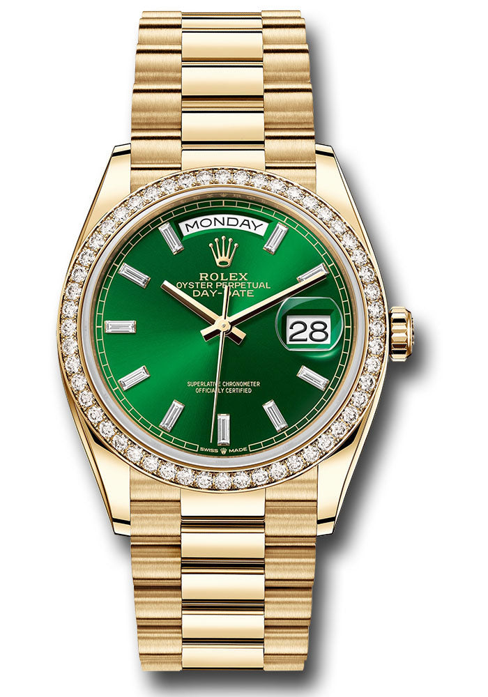 Rolex 18K Yellow Gold DayDate 36 Green Ombre Diamond Dial Diamond Bezel