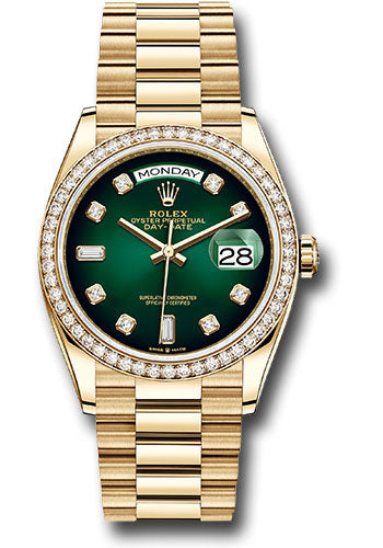 Rolex 18K Yellow Gold Day-Date 36 Green Ombre Diamond Dial Diamond Bezel