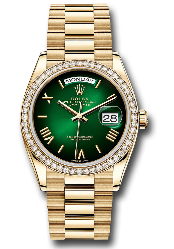 Rolex 18K Yellow Gold Day-Date 36 Green Ombre Roman Diamond Bezel