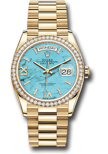 Rolex 18K Yellow Gold Day-Date 36 Turquoise Diamond Dial Diamond Bezel
