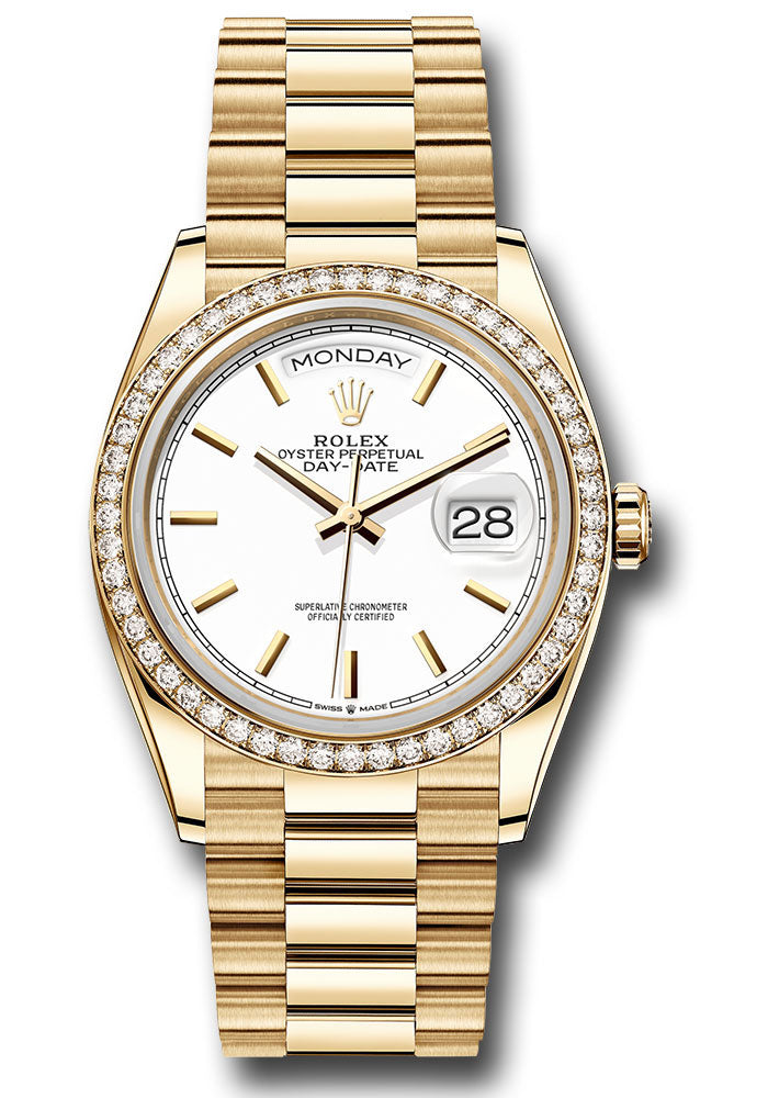 Rolex 18K Yellow Gold DayDate 36 White Index Diamond Bezel