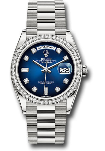 Rolex 18K White Gold Day-Date 36 Blue Diamond Dial Diamond Bezel