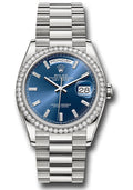 Rolex 18K White Gold Day-Date 36 Blue Baguette Diamond Dial Diamond Bezel