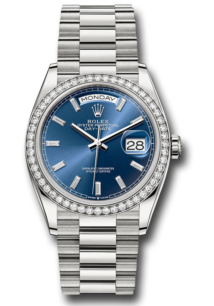 Rolex 18K White Gold Day-Date 36 Blue Baguette Diamond Dial Diamond Bezel