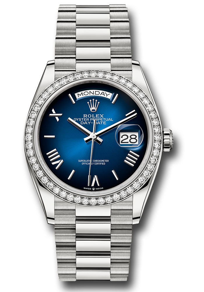 Rolex 18K White Gold Day-Date 36 Blue Ombre Roman Diamond Bezel