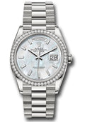 Rolex 18K White Gold Day-Date 36 Mother Of Pearl Baguette Diamond Dial Diamond Bezel