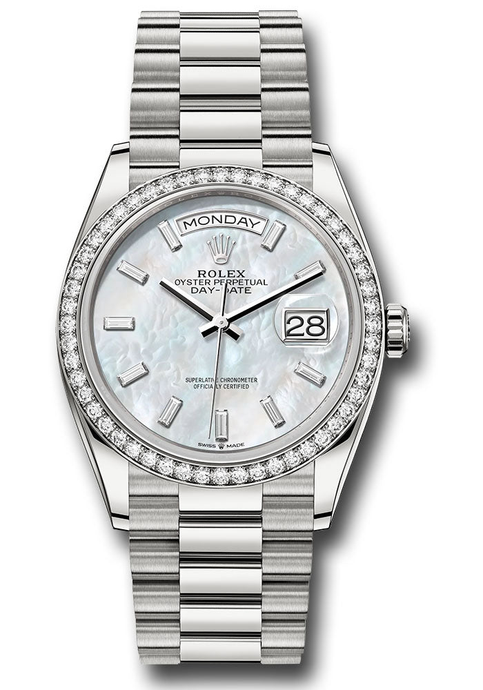 Rolex 18K White Gold Day-Date 36 Mother Of Pearl Baguette Diamond Dial Diamond Bezel