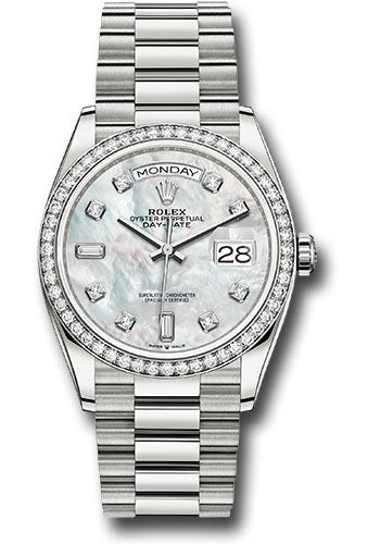 Rolex 18K White Gold Day-Date 36 Mother Of PearlBaguette  Diamond Dial Diamond Bezel