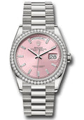 Rolex 18K White Gold Day-Date 36 Pink Baguette Diamond Dial Diamond Bezel