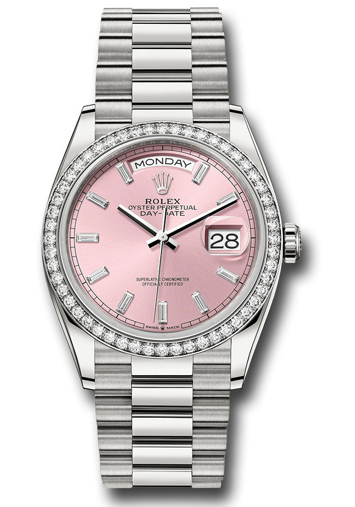 Rolex 18K White Gold Day-Date 36 Pink Baguette Diamond Dial Diamond Bezel