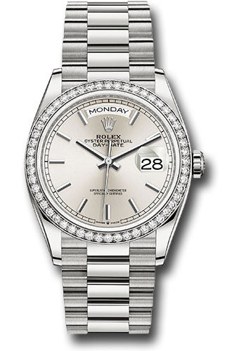 Rolex 18K White Gold Day-Date 36 Silver Index Diamond Bezel