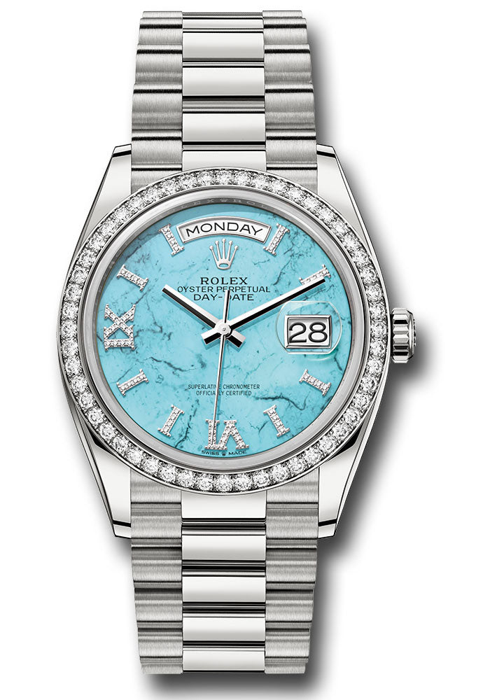 Rolex 18K White Gold Day-Date 36 Turquoise Diamond Bezel