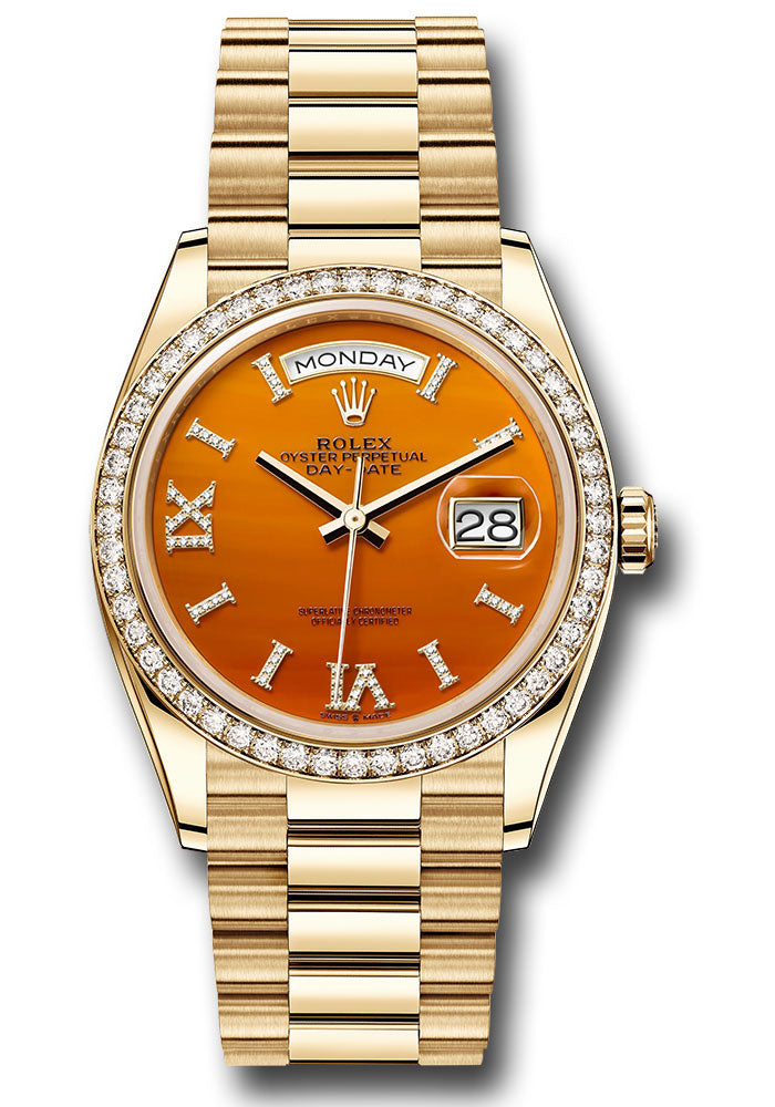 Rolex 18K Yellow Gold Day-Date 36 Carnelian Diamond Dial Diamond Bezel
