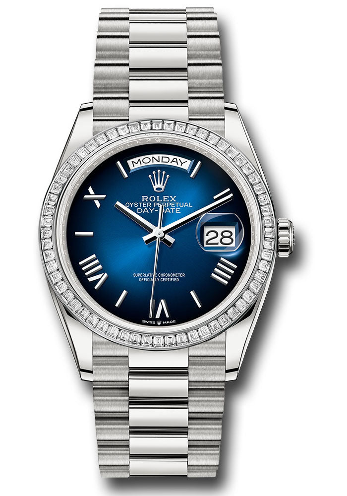 Rolex Platinum Day-Date 36 Blue Ombre Roman Diamond Bezel