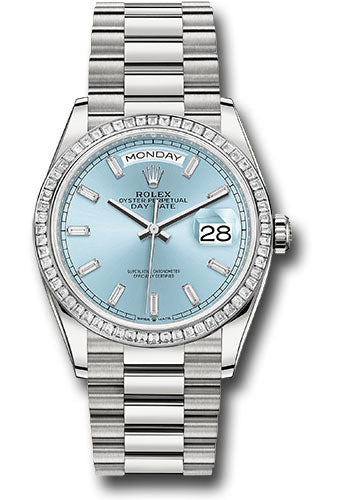 Rolex Platinum Day-Date 36 Ice Blue Baguette Diamond Dial Diamond Bezel
