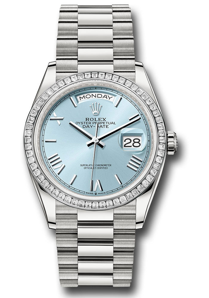 Rolex Platinum Day-Date 36 Ice Blue Roman Diamond Bezel