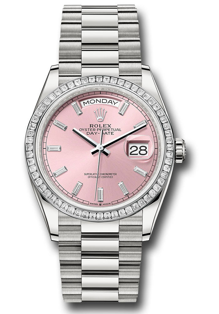 Rolex Platinum Day-Date 36 Pink Baguette Diamond Dial Diamond Bezel