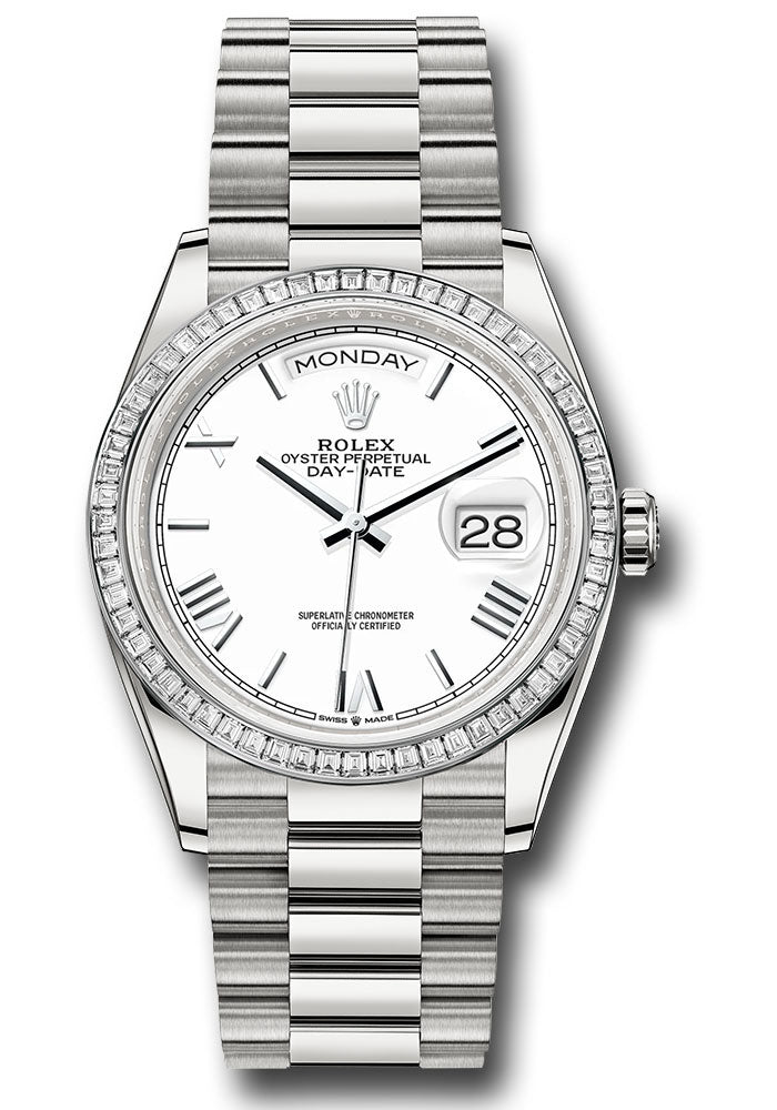 Rolex Platinum Day-Date 36 White Roman Diamond Bezel
