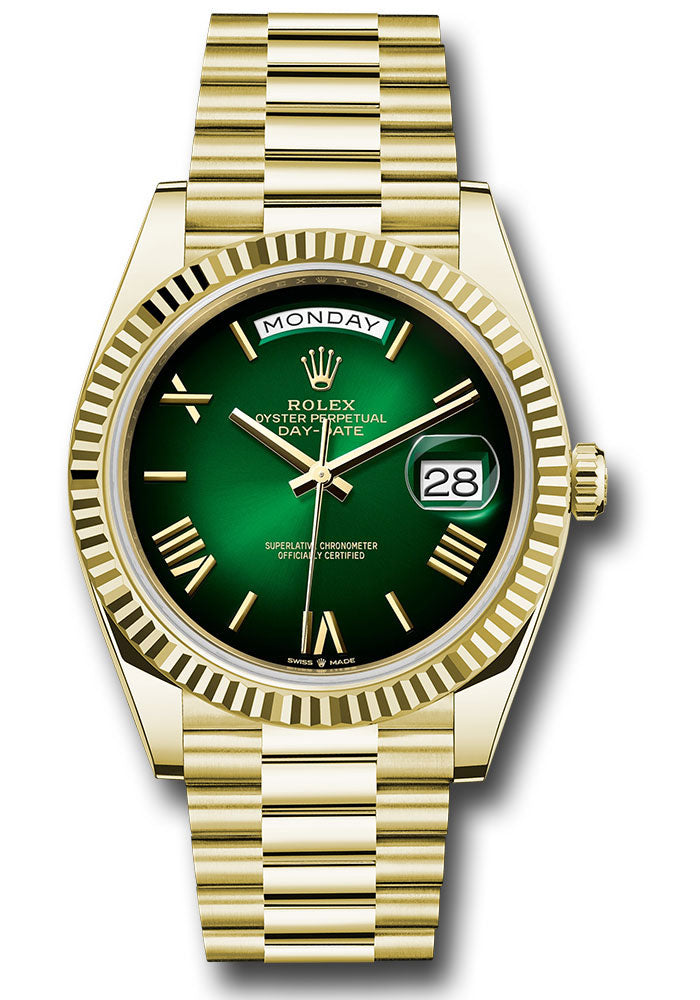 Rolex Yellow Gold Day-Date 40 Green Ombre Roman Dial