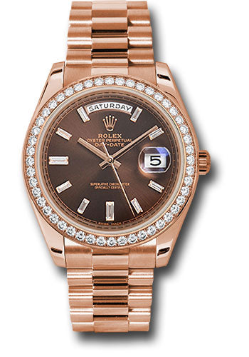 Rolex Everose Gold Day-Date 40 Chocolate Baguette Diamond Dial Diamond Bezel