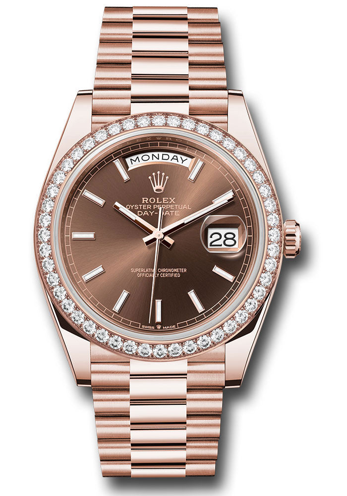 Rolex Everose Gold Day-Date 40 Chocolate Index Diamond Bezel