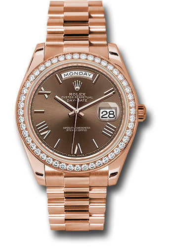 Rolex Everose Gold Day-Date 40 Chocolate Roman Diamond Bezel