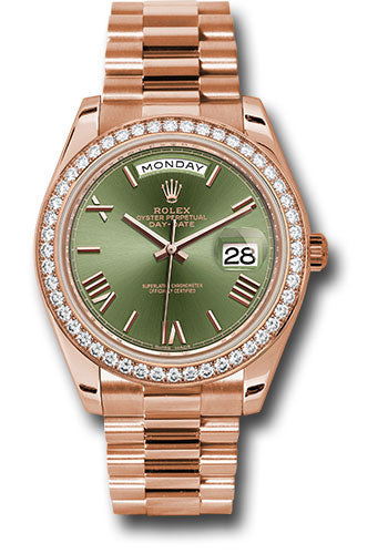 Rolex Everose Gold Day-Date 40 Olive Green Roman Diamond Bezel