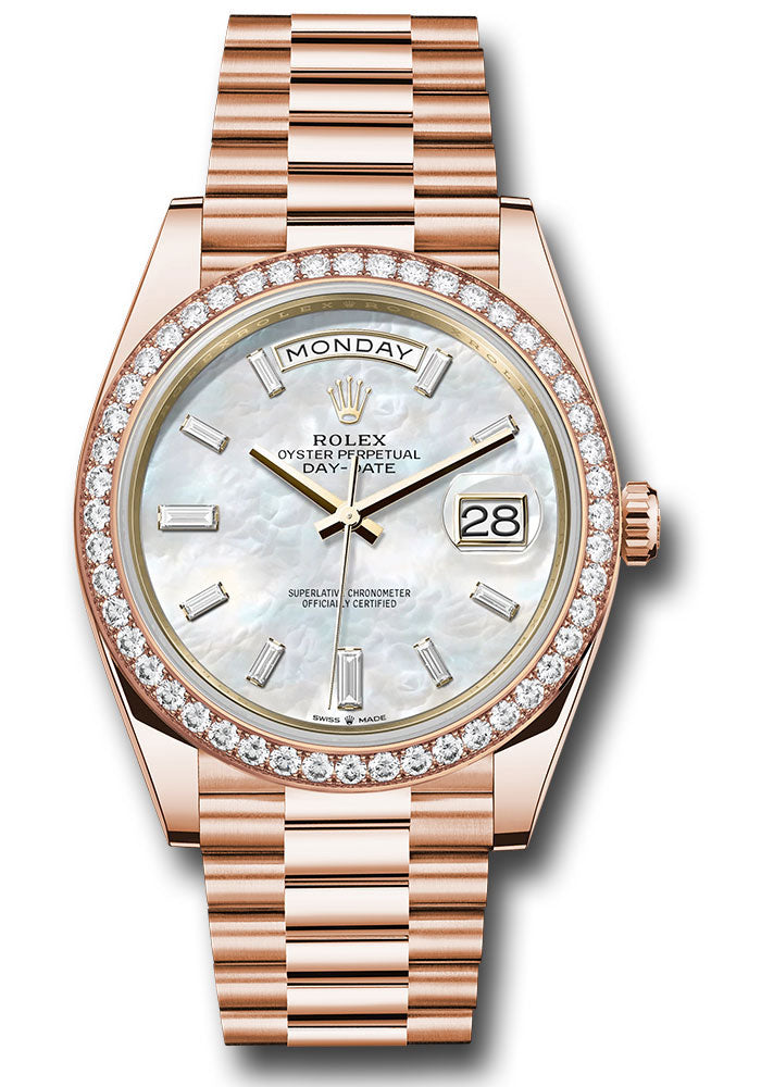 Rolex Everose Gold Day-Date 40 Mother Of Pearl Diamond Dial Diamond Bezel