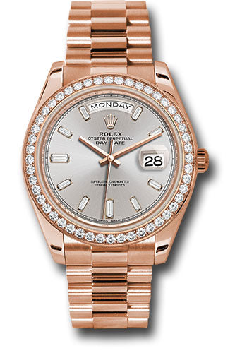 Rolex Everose Gold Day-Date 40 Sundust Baguette Diamond Dial Diamond Bezel