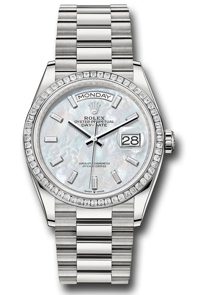 Rolex Platinum Day-Date 36 Mother Of Pearl Baguette Diamond Dial Diamond Bezel