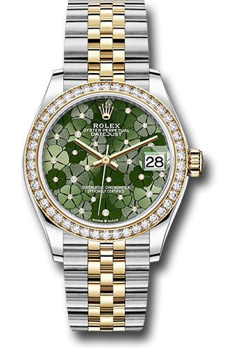 Rolex Steel & Yellow Gold Datejust 31 Olive Green Floral Motif Diamond Jubilee Diamond Bezel